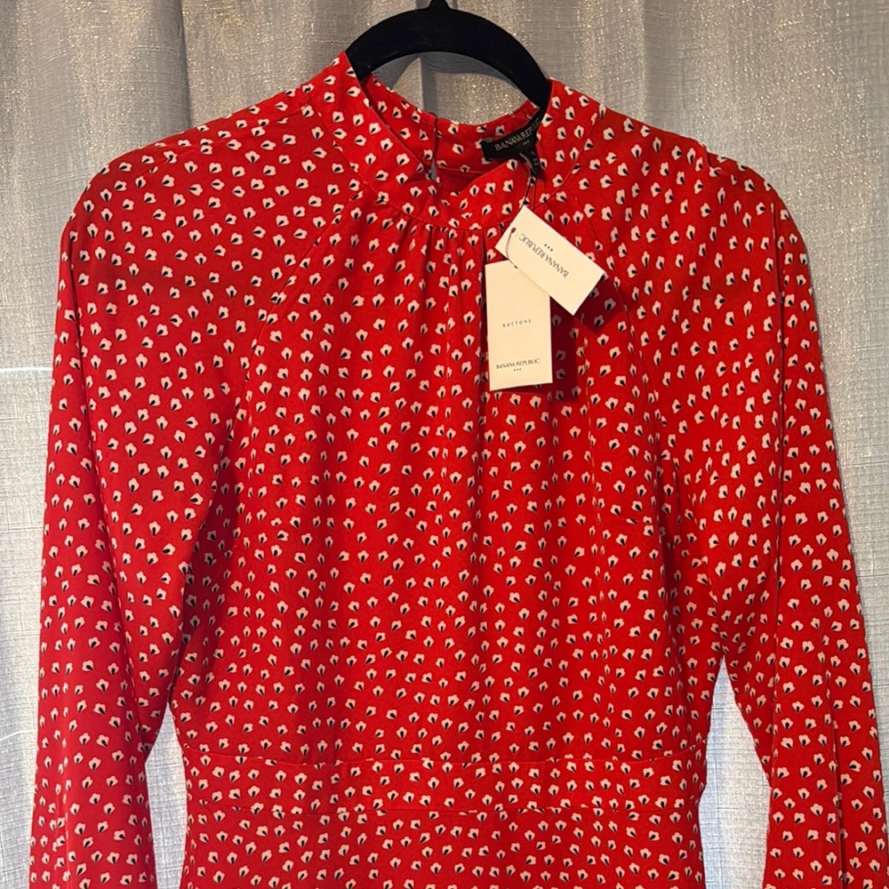 Banana Republic Red Patterned Long Sleeve Dress
